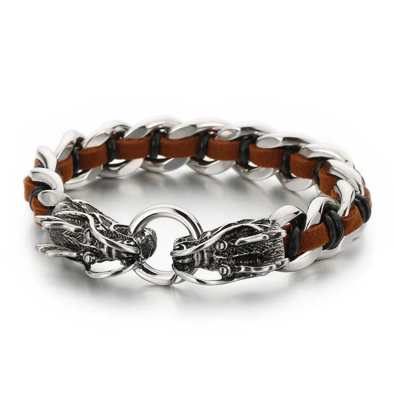 Buddha Stones Dragon Leather Titanium Steel Protection Luck Braided Bracelet