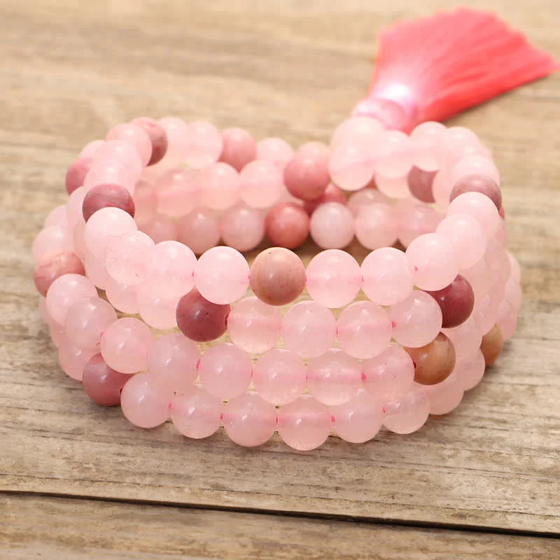 Buddha Stones 108 Mala Beads Pink Crystal Love Tassel Bracelet