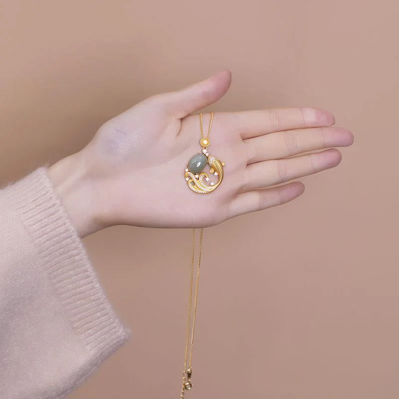 Buddha Stones Cyan Jade Koi Fish Healing Calm Necklace Pendant