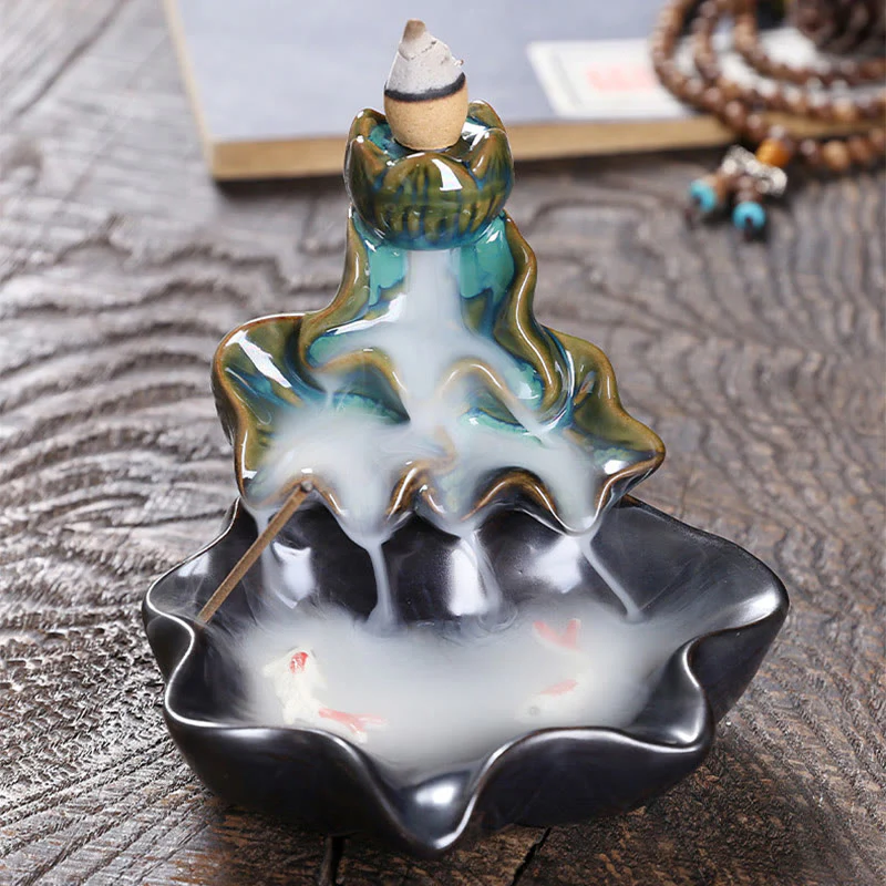Buddha Stones Lotus Leaf Koi Fish Ceramic Backflow Smoke Fountain Peace Incense Burner Decoration