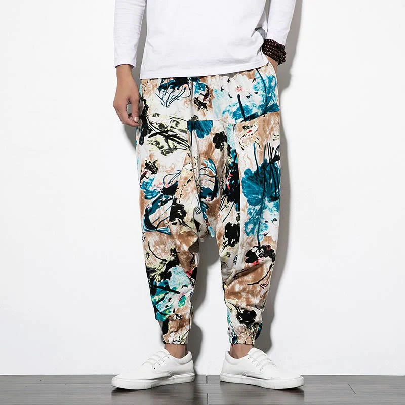 Buddha Stones Flowers Leaves Brown Blue Painting Print Cotton Men's Long Cropped Harem Pants With Pockets
