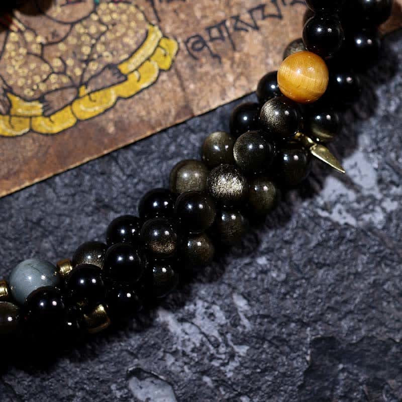 Buddha Stones 108 Mala Beads Gold Sheen Obsidian Tiger Eye Eagle's Eye Stone Wealth Bracelet