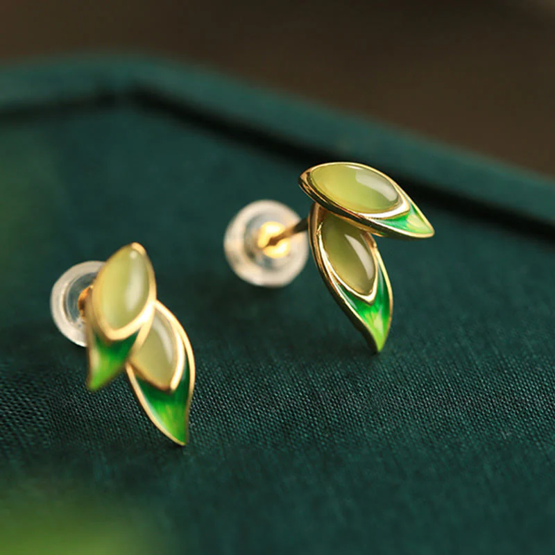 Buddha Stones 925 Sterling Silver Jade Leaf Prosperity Earrings