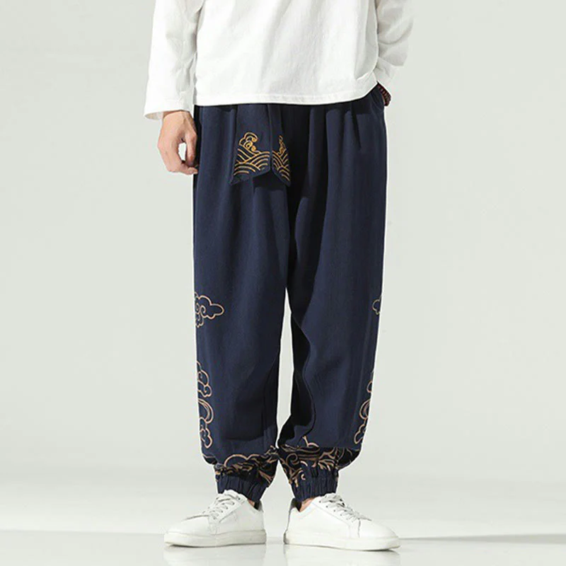 Buddha Stones Auspicious Clouds Cotton Linen Men's Drawstring Harem Pants With Pockets