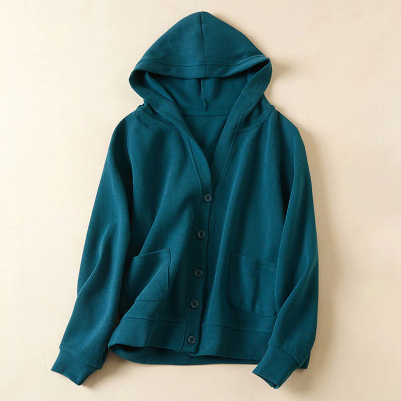 Buddha Stones Plain Buttons Women's Cotton Hooded Jacket With Pockets