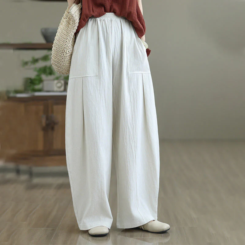 Buddha Stones Plain Pleated Design Ankle-Length Women's Cotton Linen Pants With Pockets