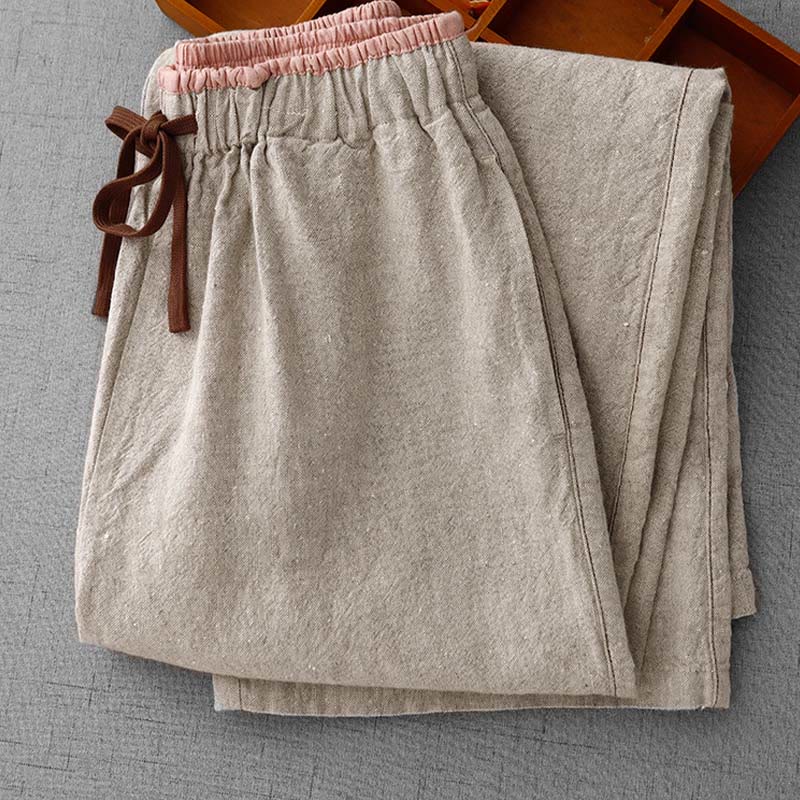 Buddha Stones Casual Daily Drawstring Simple Design Women's Cotton Linen Pants With Pockets
