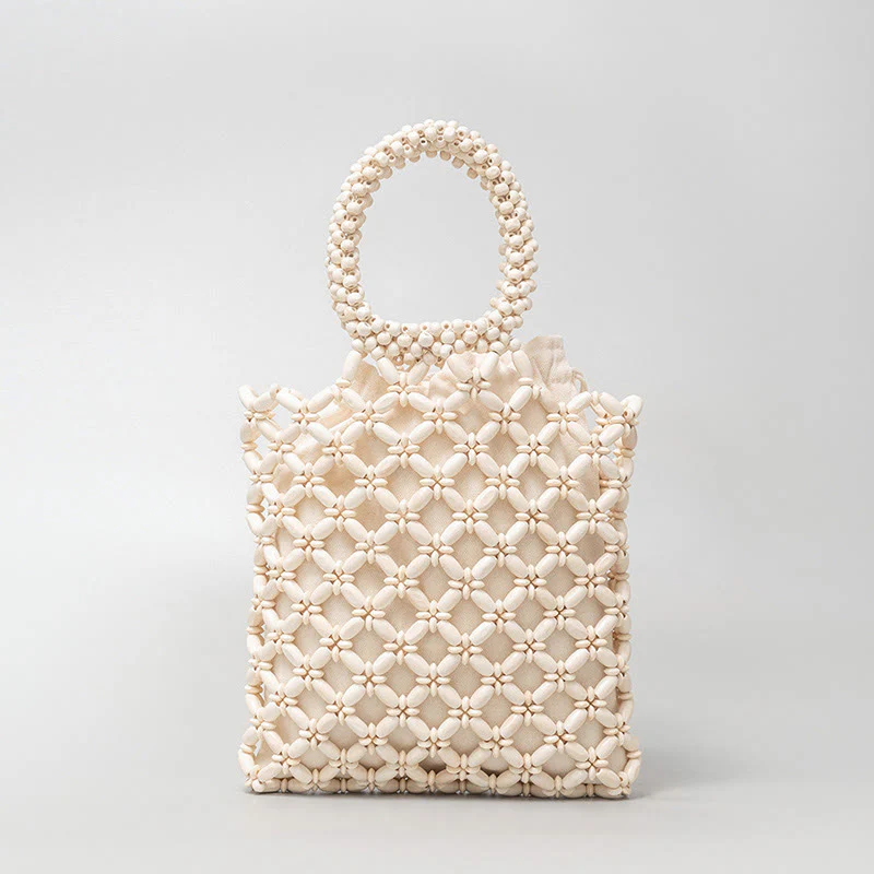 Buddha Stones Hand-woven Lozenge Wooden Beads Handbag