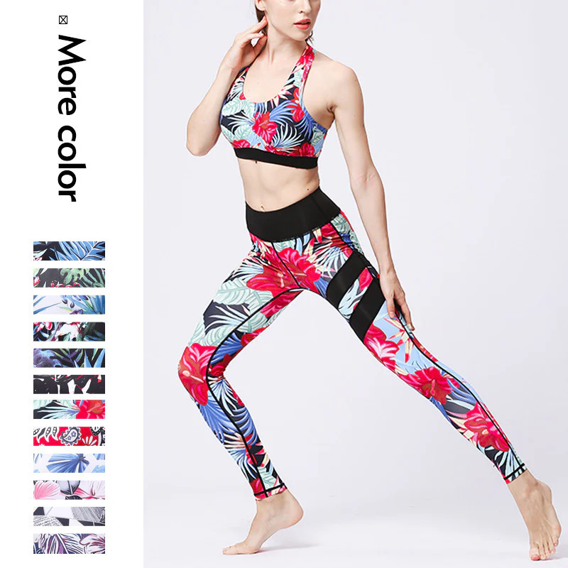 Buddha Stones 2Pcs Sunflower Flowers Leaves Print Top Pants Sports Fitness Yoga Women's Yoga Sets