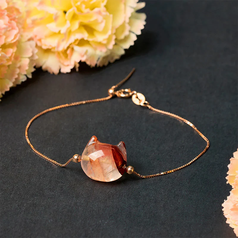 Buddha Stones 925 Sterling Silver Faceless Cat Head Natural Red Flower Quartz Passion Bracelet