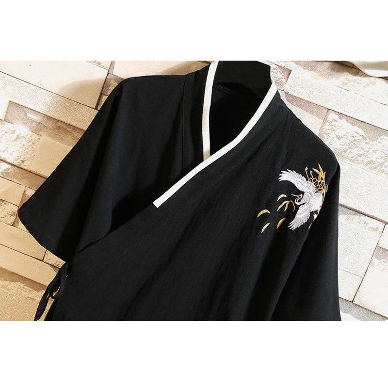 Buddha Stones Tang Suit Embroidery Crane Pattern Lace-Up Side Men's Cotton Linen T-Shirt