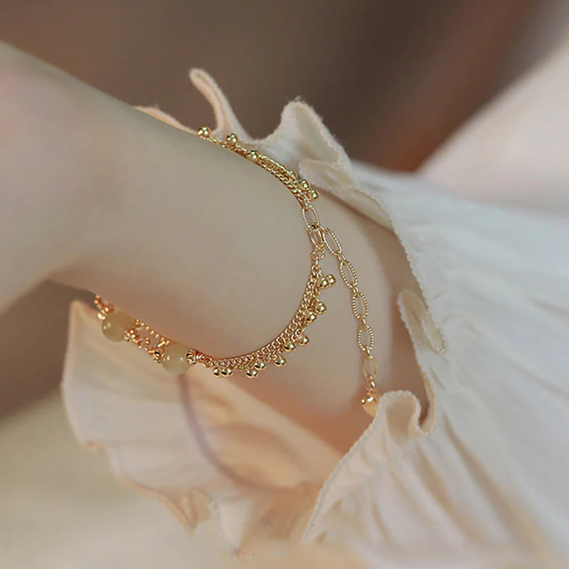 Buddha Stones 14K Gold Plated 2 Layers Hetian Jade Bead Luck Prosperity Bracelet