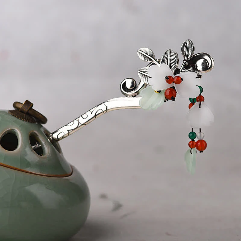 Buddha Stones Red Agate Flower Leaf Calm Confidence Tassel Hairpin