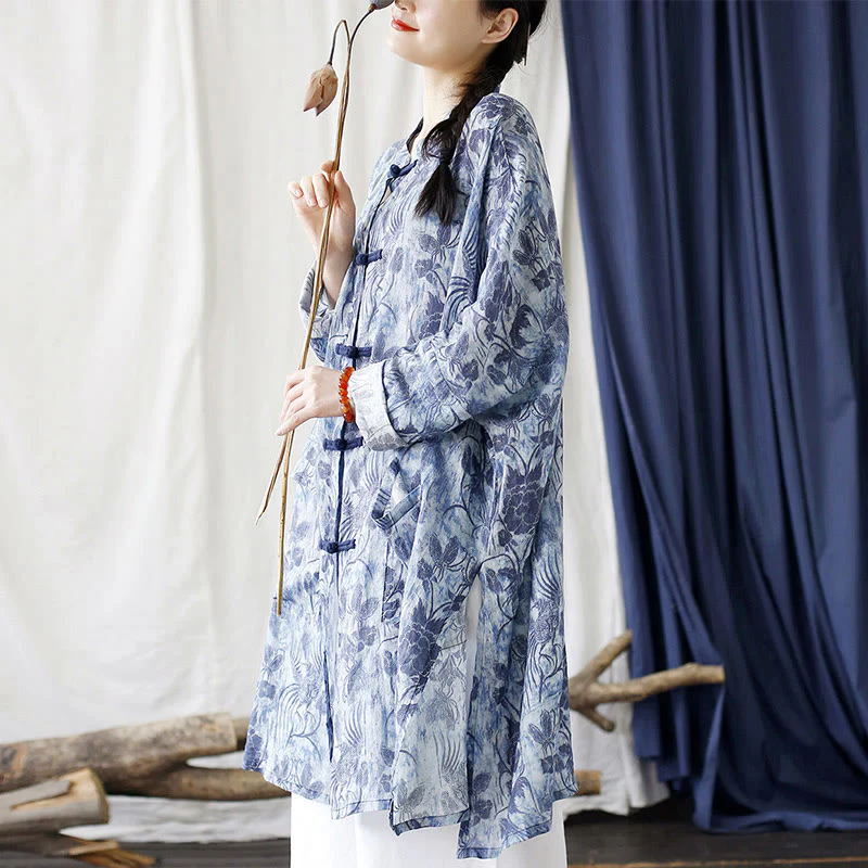Buddha Stones Blue Flowers Butterfly Frog-Button Long Sleeve Ramie Linen Jacket Shirt With Pockets