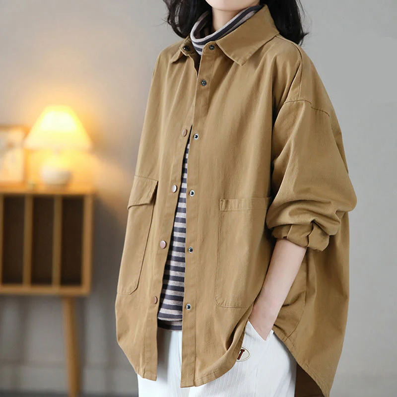 Buddha Stones Vintage Casual Pure Color Lapel Women's Cotton Jacket With Pockets