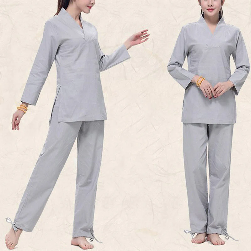 Buddha Stones Zen Practice Yoga Meditation Prayer V-neck Design Uniform Cotton Linen Clothing Women's Set