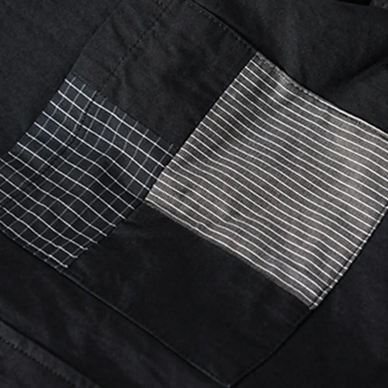 Buddha Stones Spring Daily Line Patchwork Design Lapel Men's Long Sleeve Cotton Linen Shirt With Pockets