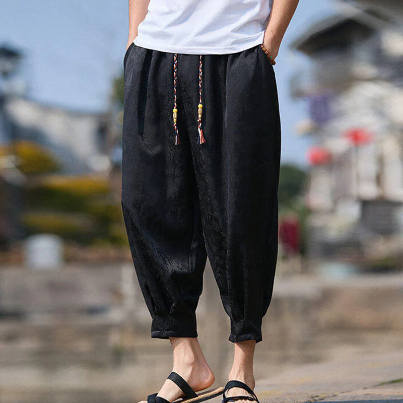 Buddha Stones Summer Character Embroidery Design Drawstring Men's 7-8 Length Pants With Pockets