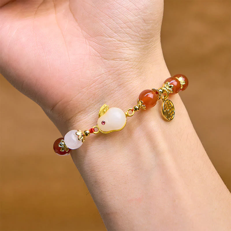Buddha Stones Red Agate Chalcedony Rabbit Fu Character Confidence Bracelet