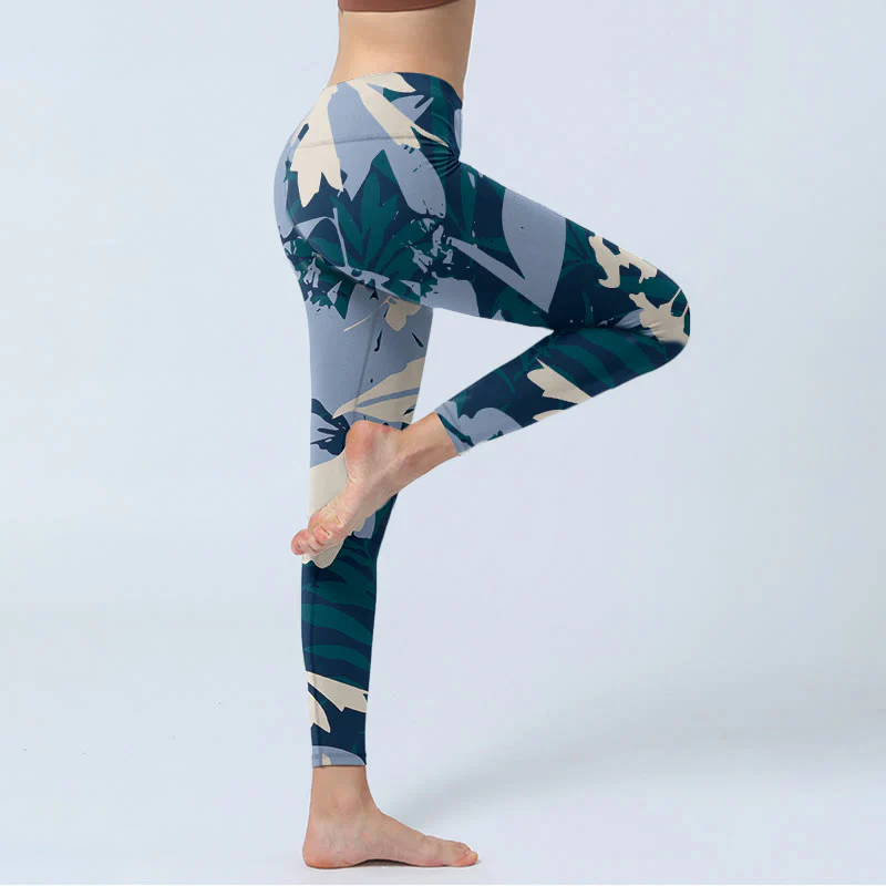 Buddha Stones Blue Plant Leaves Print Gym Leggings Women's Yoga Pants