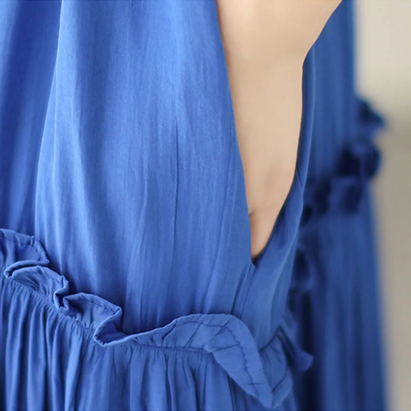 Buddha Stones Casual Plain Crew Neck Pleated Polyester Midi Dress With Pockets