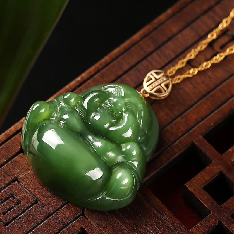 Buddha Stones 925 Sterling Silver Laughing Buddha Hetian Cyan Jade 18K Gold Success Necklace Chain Pendant