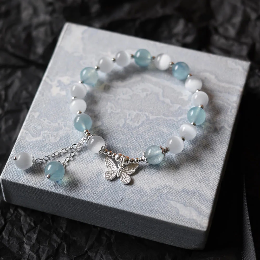 Buddha Stones Cat's Eye Aquamarine Butterfly Charm Support Bracelet