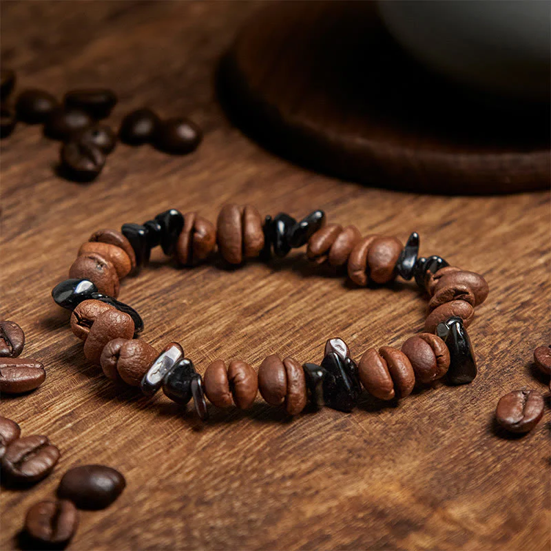Buddha Stones Natural Coffee Beans Black Obsidian Rutilated Quartz Strength Bracelet
