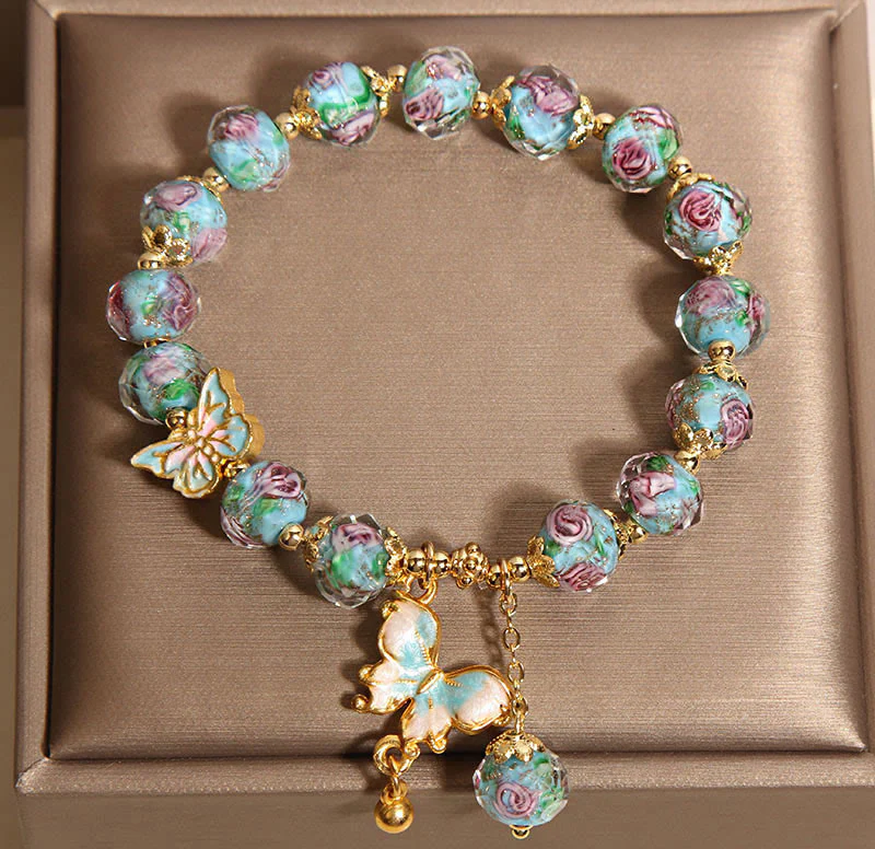 Buddha Stones Butterfly Charm Rose Flower Liuli Bracelet