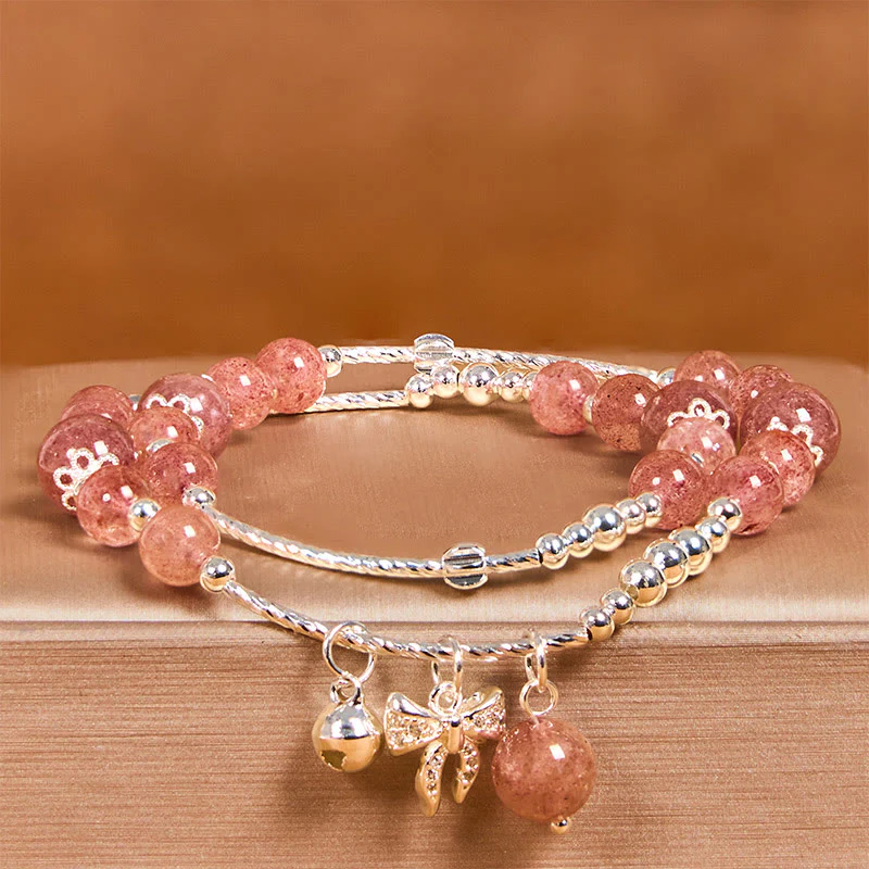 Buddha Stones Natural Strawberry Quartz Bow-knot Rosette Charm Healing Double Wrap Bracelet