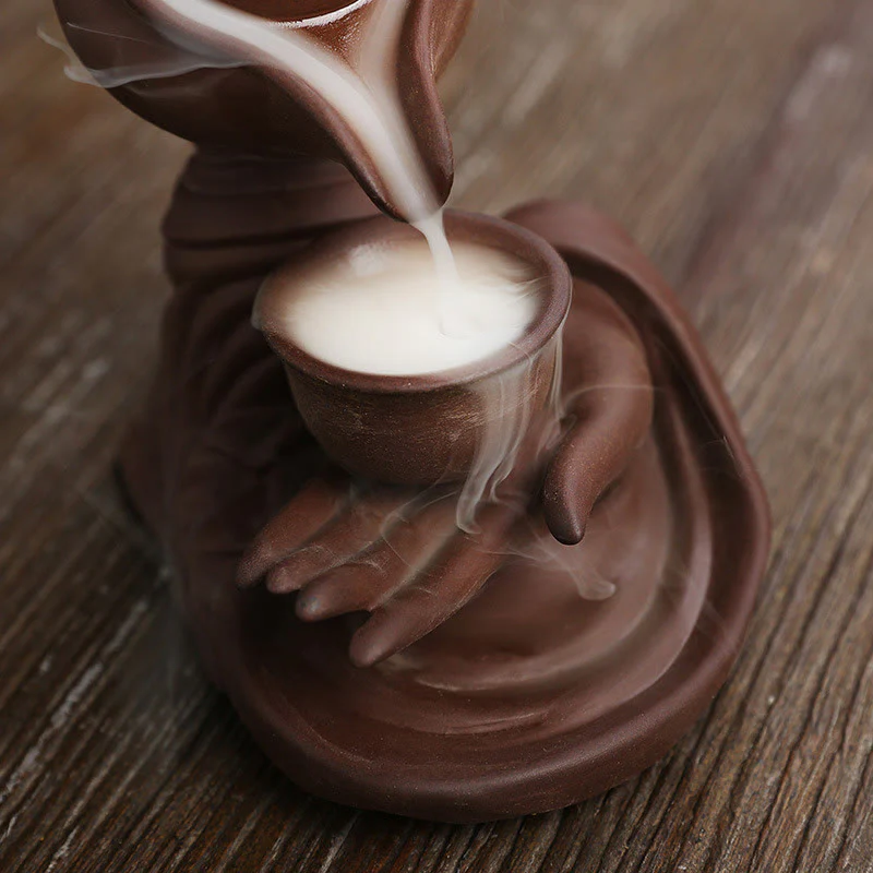 Buddha Stones Buddha Hand Holding Teapot Cup Ceramic Backflow Smoke Fountain Healing Incense Burner Decoration