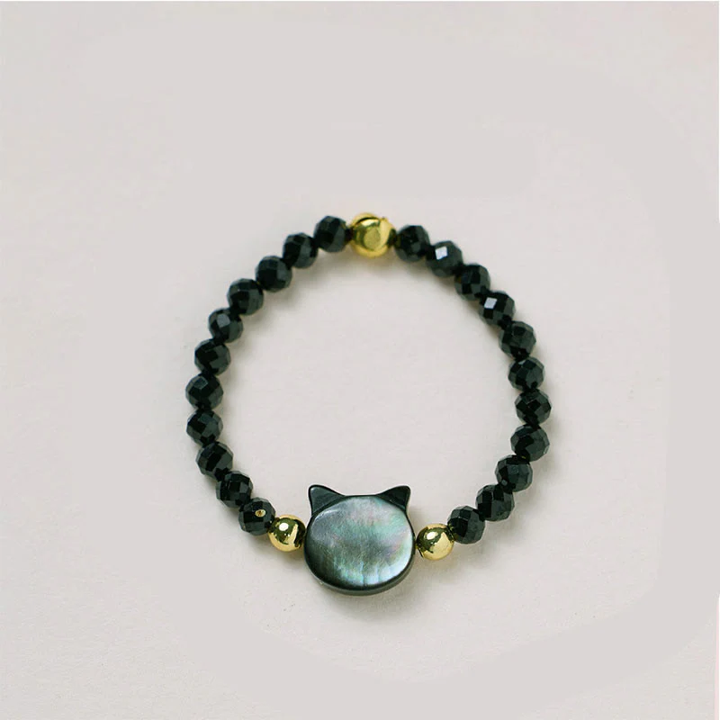 Buddha Stones Natural Tridacna Stone Lovely Cat 14K Gold Blessing Ring