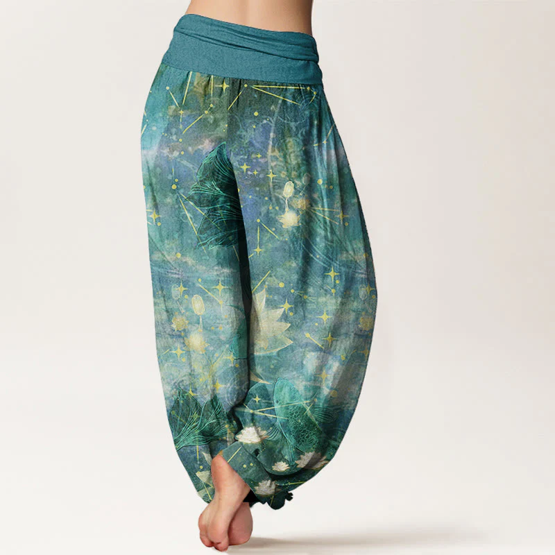 Buddha Stones Pure Cotton Koi Fish Lotus Moon Stars Pattern Women's Elastic Waist Harem Pants