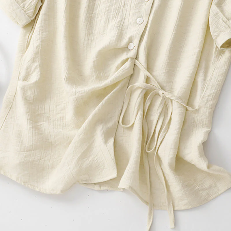 Buddha Stones Casual Plain Asymmetrical Lace-Up Design Puff Short Sleeve Women's Cotton Shirt