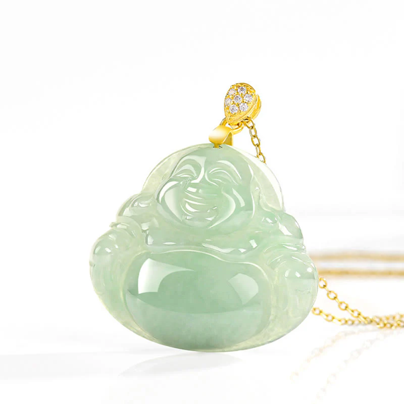 Buddha Stones 925 Sterling Silver Natural Jade Laughing Buddha Luck Prosperity Chain Necklace Pendant