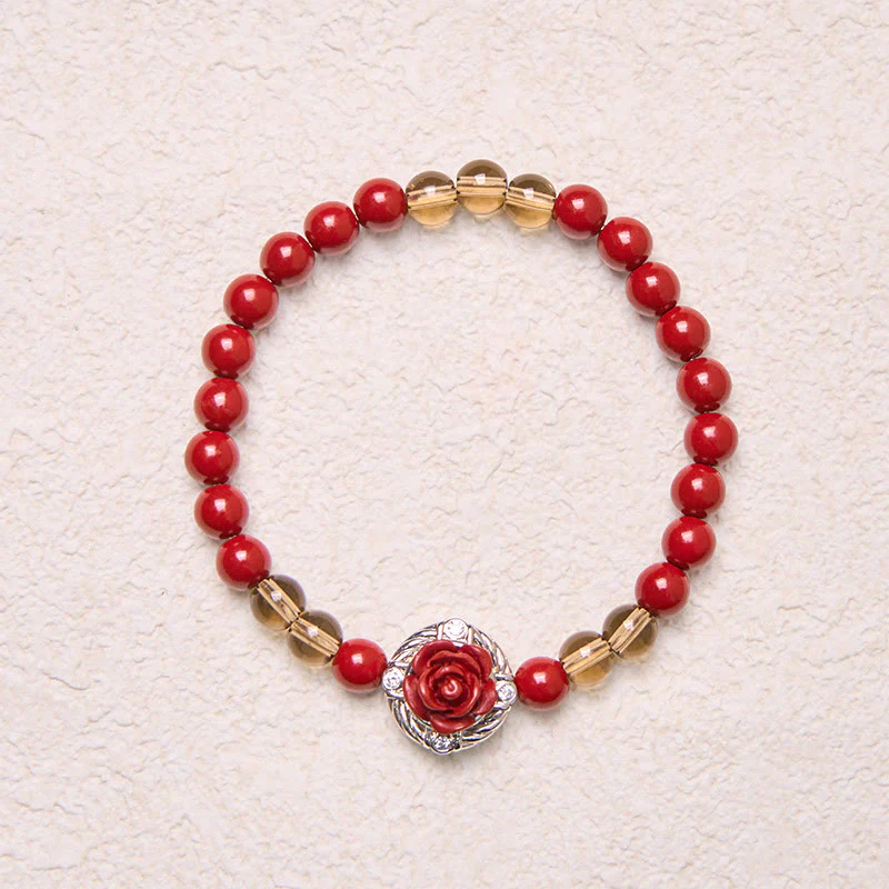 Buddha Stones Cinnabar Angora Red Shell Pearl Rose Petals Calm Bracelet