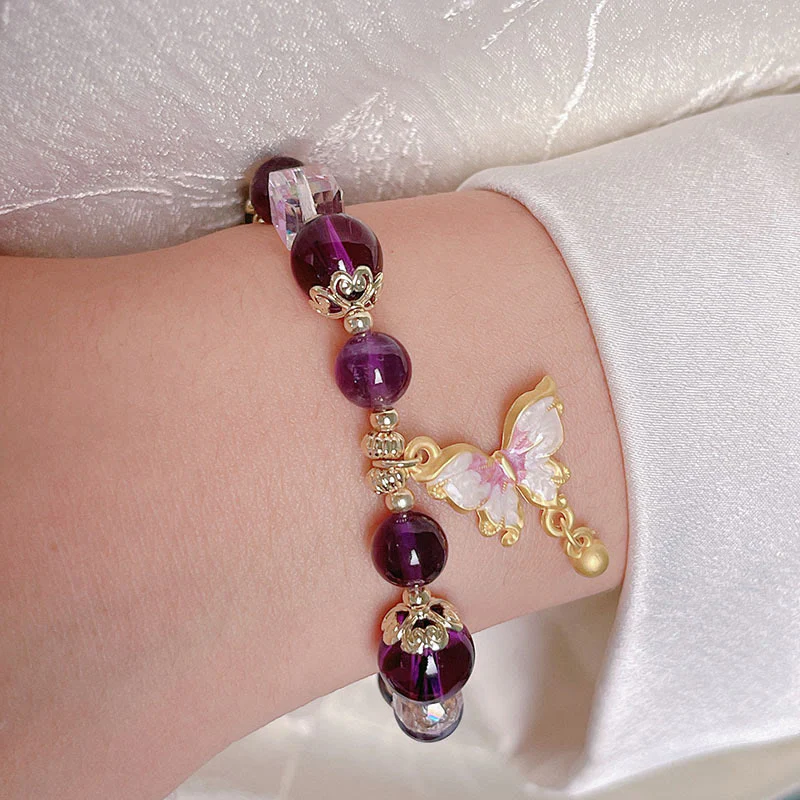 Buddha Stones Natural Amethyst Sun Stone Butterfly Peace Bracelet
