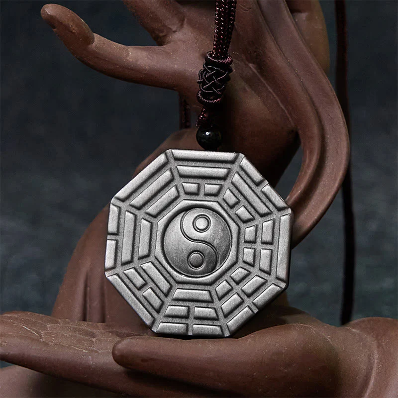 Buddha Stones Silver Sheen Obsidian Bagua Yin Yang Symbol Protection Necklace Pendant