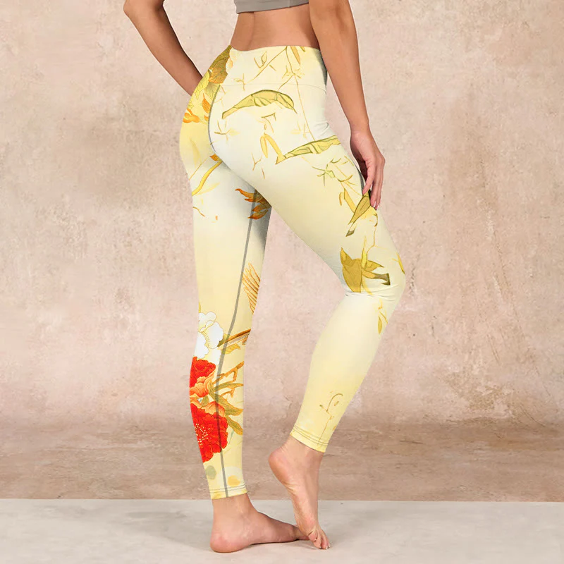 Buddha Stones Light Yellow Peony Flowers Birds Print Sports Leggings Women's Yoga Pants