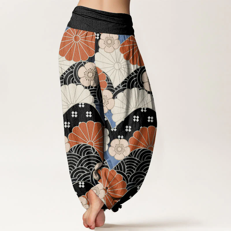 Buddha Stones Casual Abstract Petal And Wave Pattern Women's Elastic Waist Harem Pants