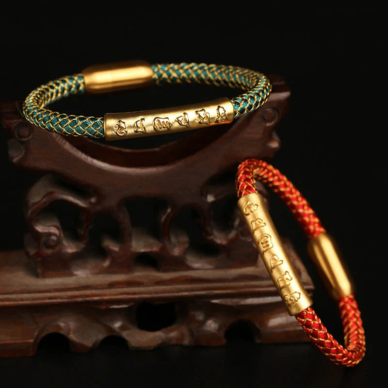 Buddha Stones Handmade 999 Sterling Silver Om Mani Padme Hum Protection Dragon Scale Braided Magnetic Buckle Bracelet