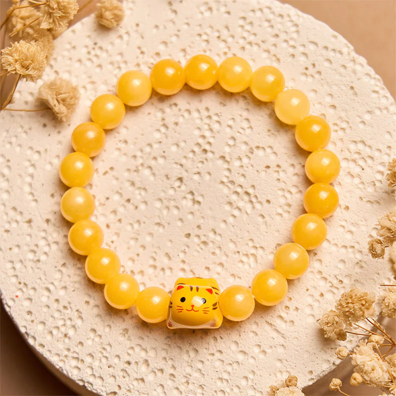 Buddha Stones Orange Tabby Cat Yellow Chalcedony Ceramic Kitten Joy Bracelet