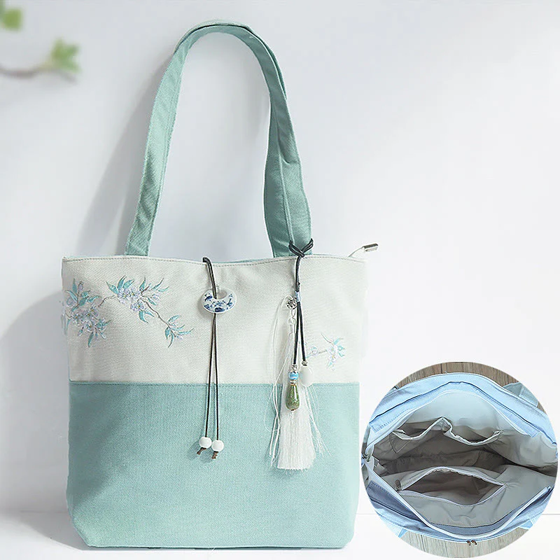Buddha Stones Pear Flower Plum Peach Blossom Bamboo Embroidery Canvas Large Capacity Shoulder Bag Tote Bag