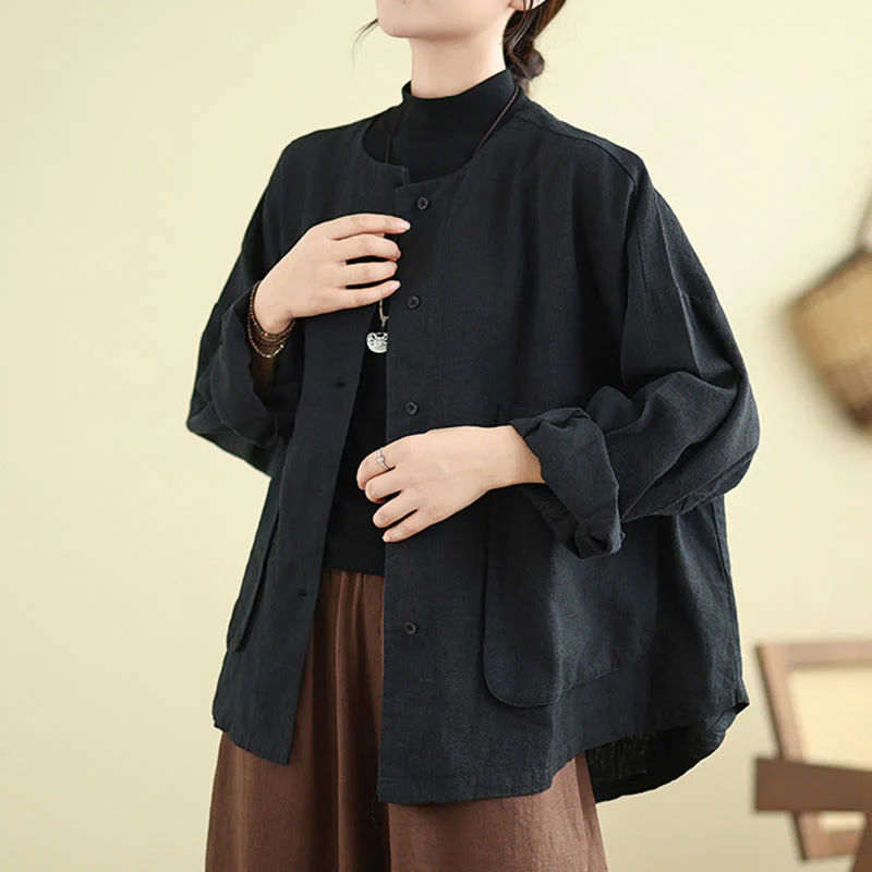 Buddha Stones Plain Design Long Sleeve Women's Cotton Linen Jacket With Pockets