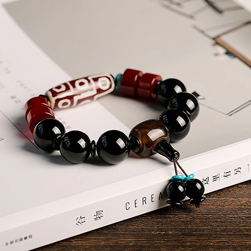 Buddha Stones Tibetan Nine-Eye Dzi Bead Black Onyx Wealth Protection Bracelet