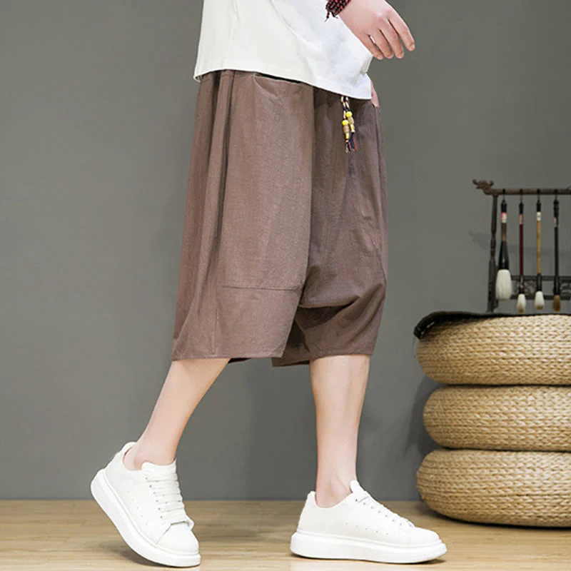 Buddha Stones Casual Drawstring Cotton Linen Men's Capri Harem Pants With Pockets