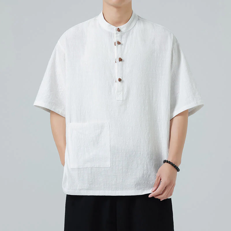 Buddha Stones Casual Half Frog-Button Design Stand Collar Tang Suit Men's Half Sleeve Cotton Shirt With Pocket