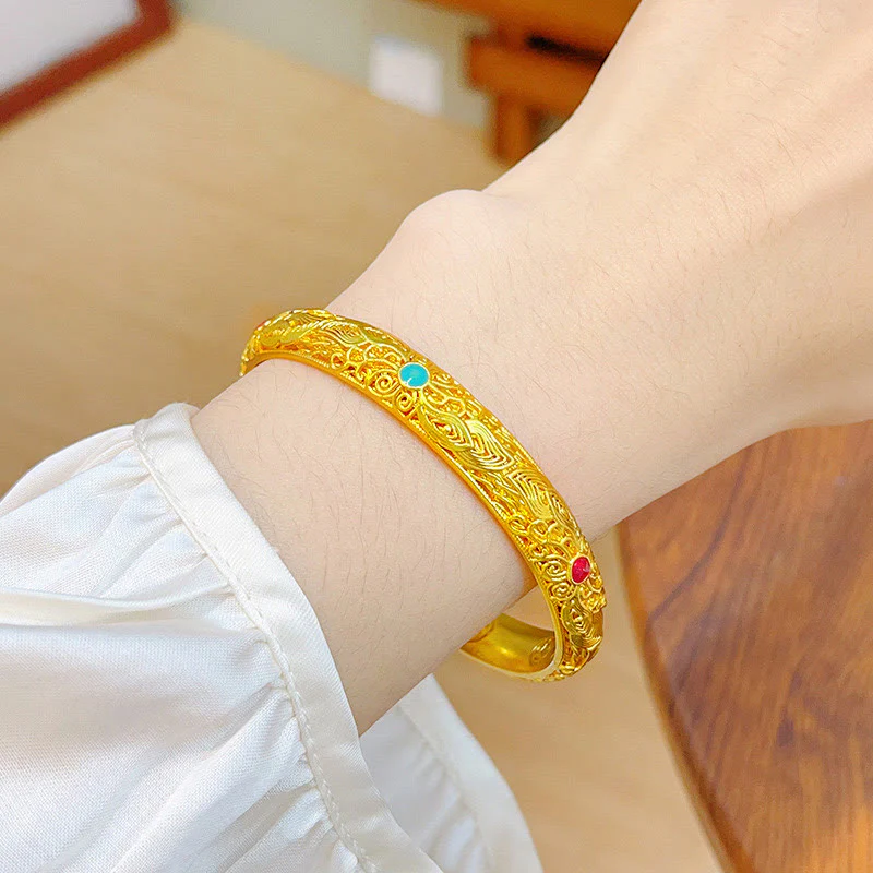 Buddha Stones Copper Plated Gold Flowers Leaves Luck Bracelet Bangle