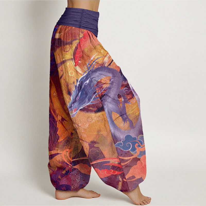 Buddha Stones Pure Cotton Dragon Auspicious Clouds Pattern Women's Elastic Waist Harem Pants