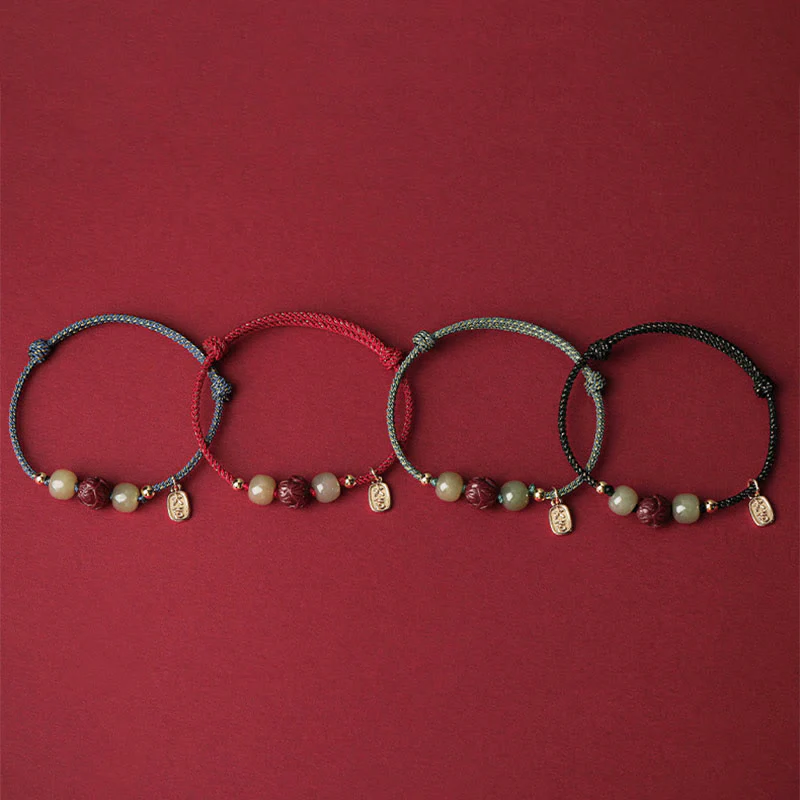 Buddha Stones 14K Gold Plated Hetian Jade Cinnabar Lotus Luck Handcrafted Rope Bracelet